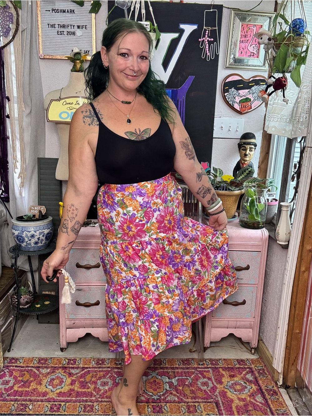 Simple Bright Floral Tiered Bohemian Flowy Maxi Skirt Pink, Purple Orange Small